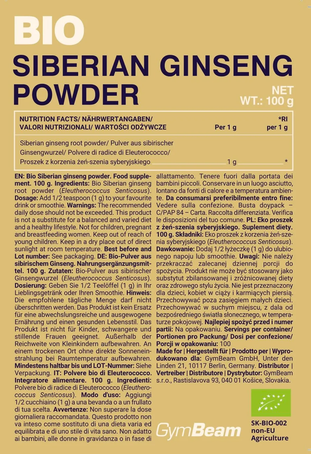 GymBeam Ginseng Siberiano Bio Polvere Energia