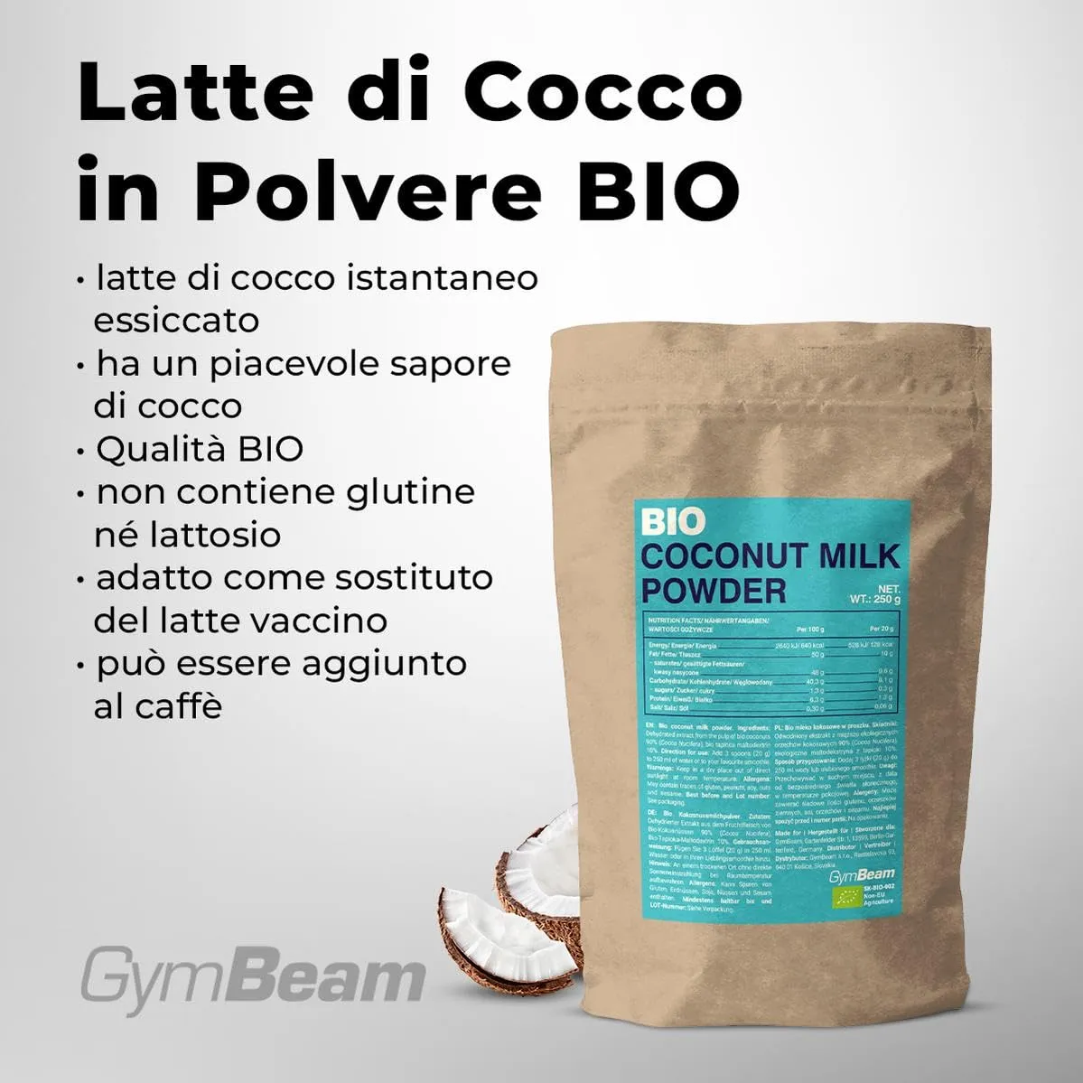 GymBeam Latte di Cocco BIO in polvere 250g senza zuccheri