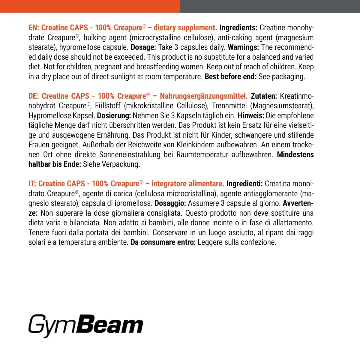 GymBeam Creatina Creapure Monoidrato Capsule Forza