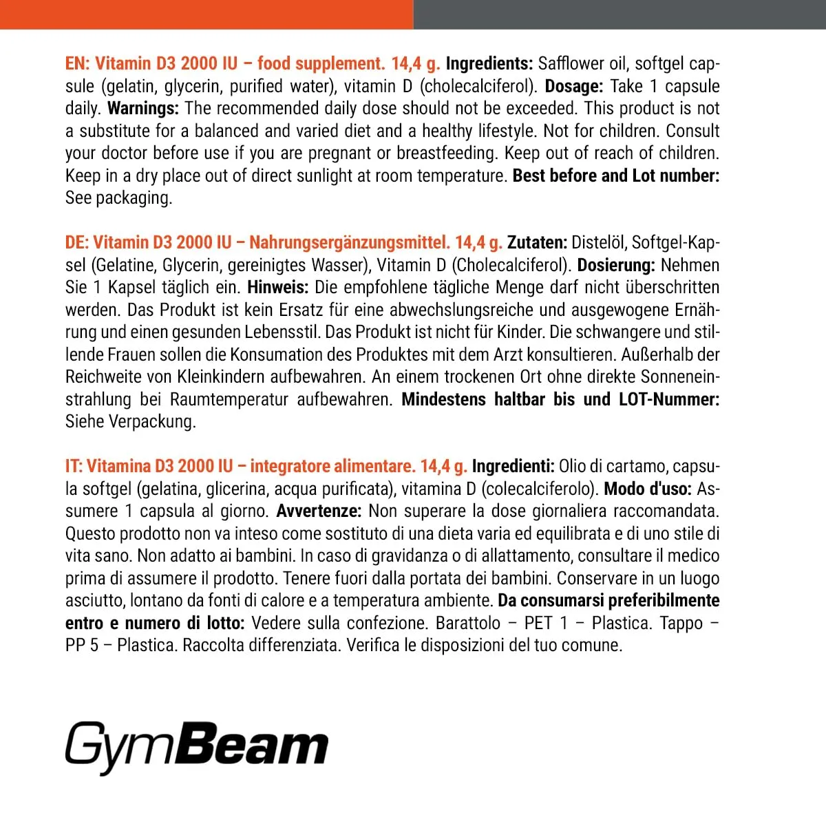GymBeam Vitamina D3 2000 UI 60 cps Ossa Immunitario