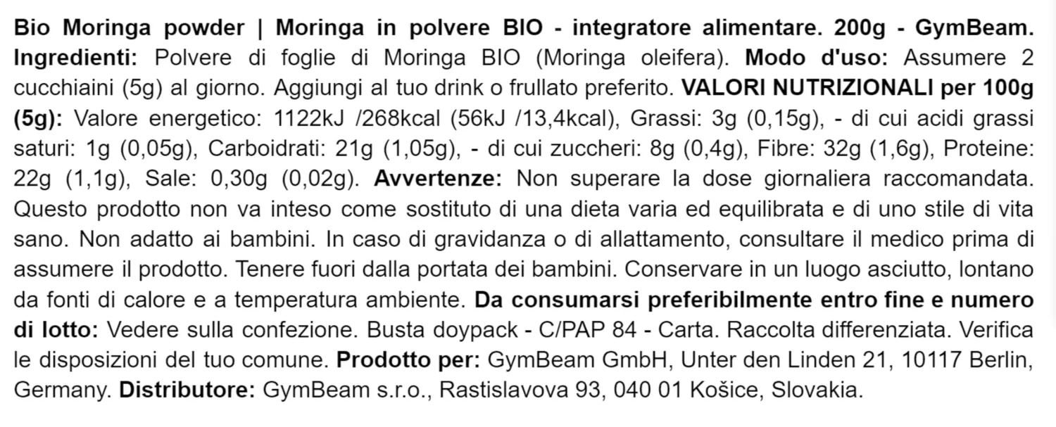 GymBeam Moringa BIO polvere 200 g fibre e proteine
