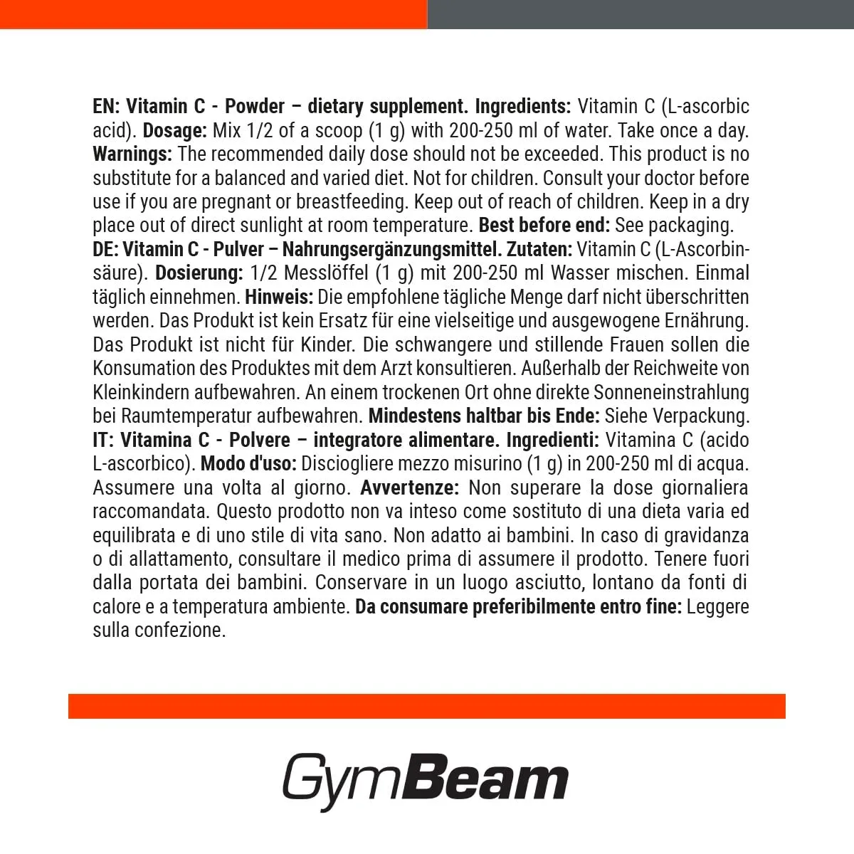 GymBeam Vitamina C Integratore in Polvere 250 g Pura
