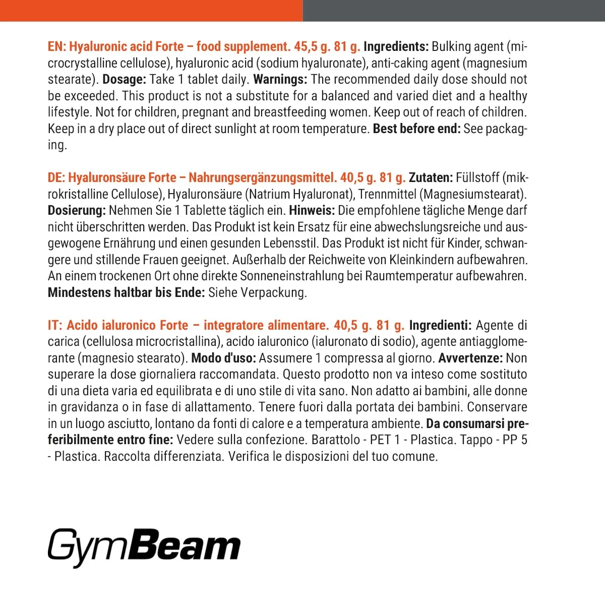 GymBeam Acido Ialuronico Forte 90 Compresse Pelle