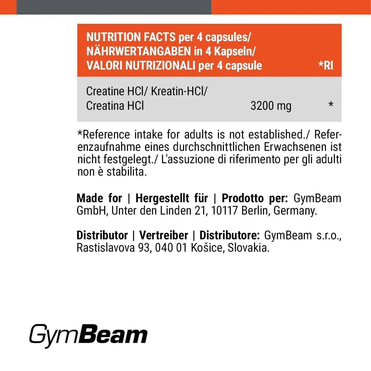 GymBeam Creatina HCL Capsule Forza e Sprint 4 cps/die