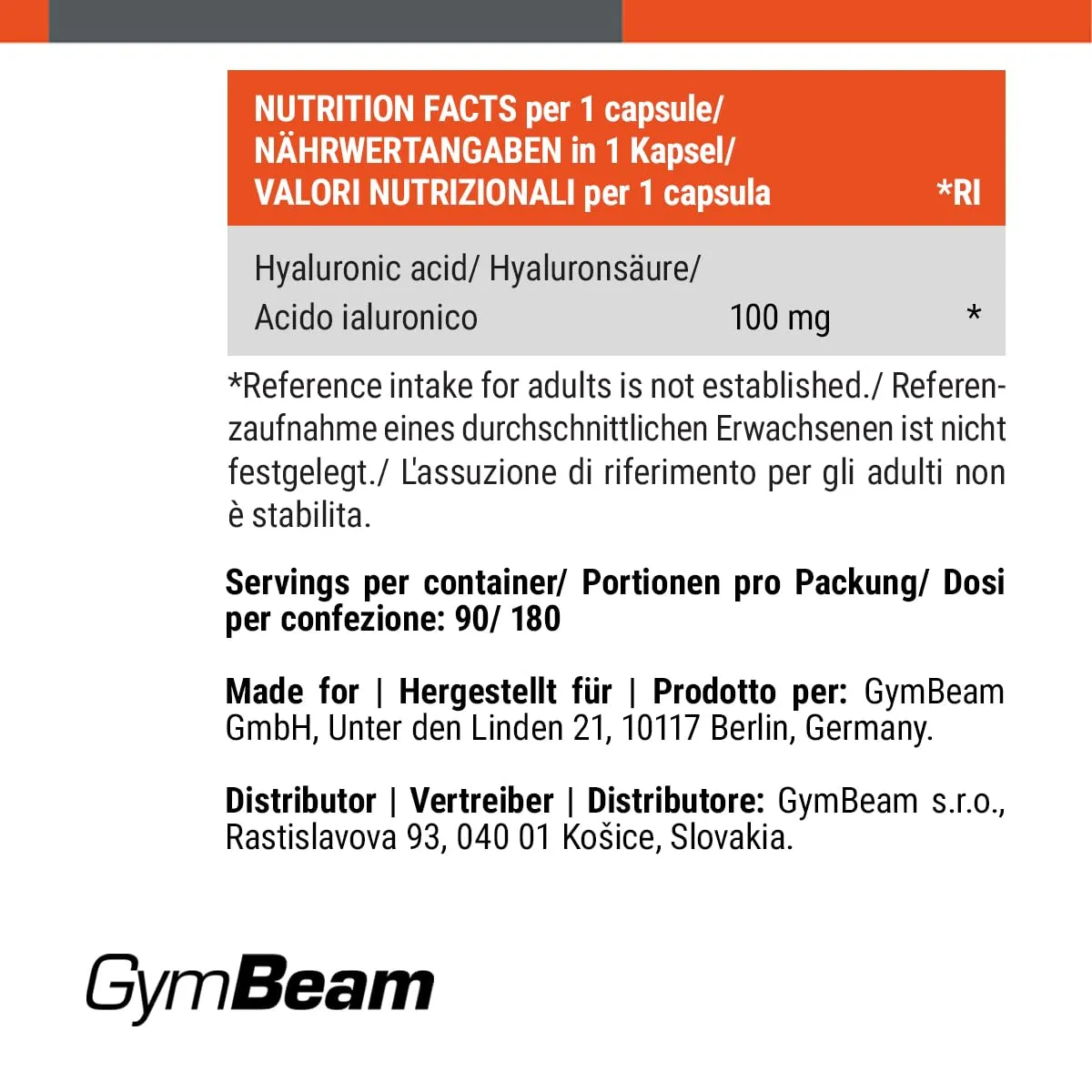 GymBeam Acido Ialuronico Forte 90 Compresse Pelle