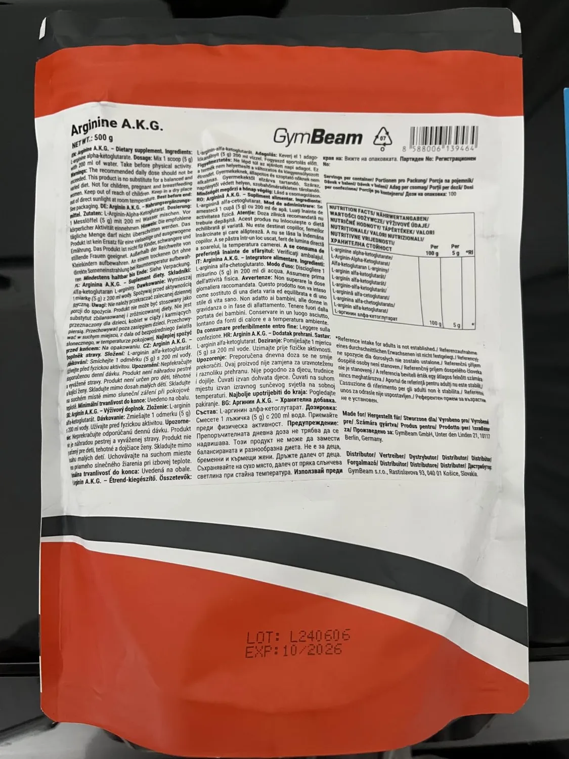 GymBeam Arginina AKG polvere 500 g neutra 5000 mg