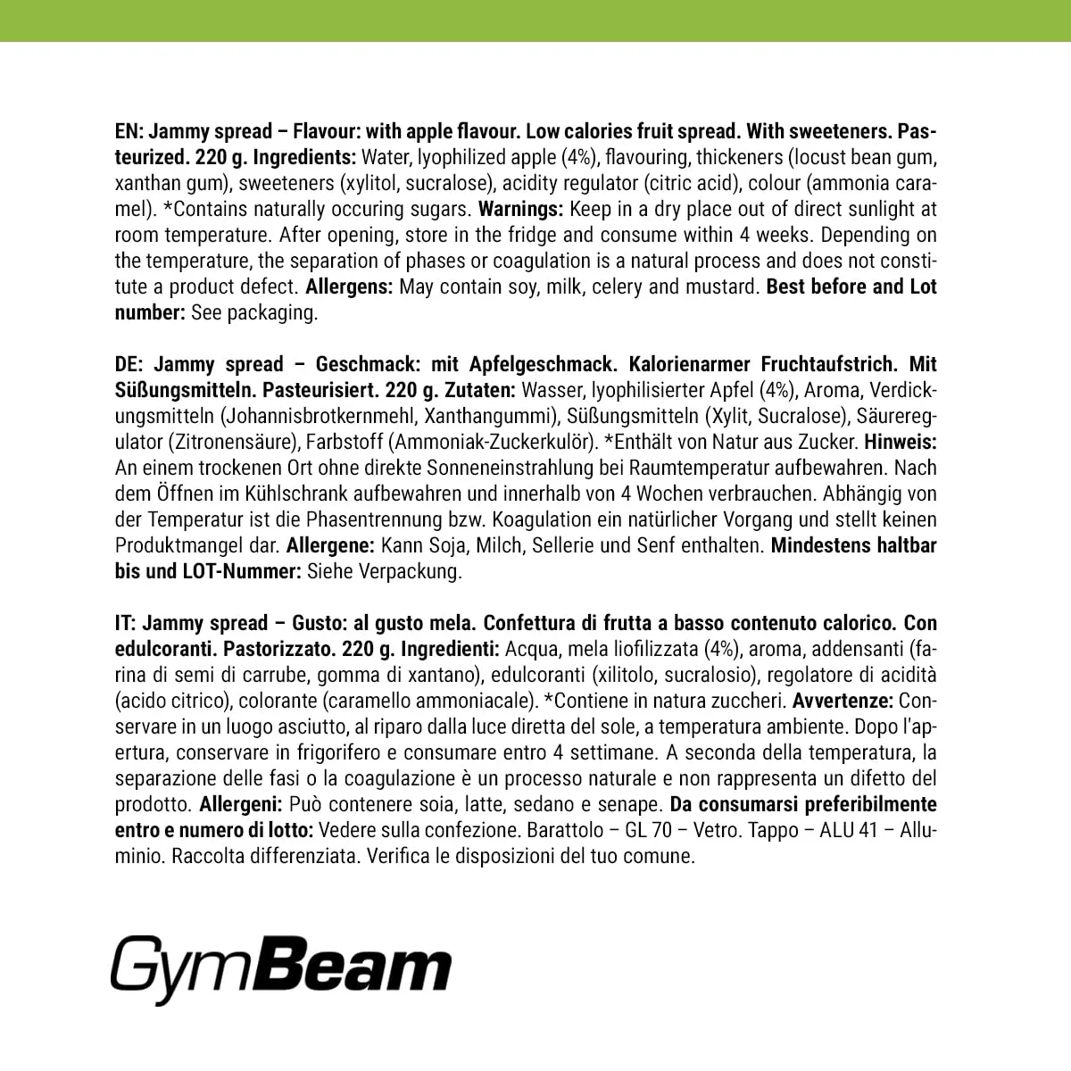 GymBeam Jammy Spread Marmellata Mela 220 g Senza Zucchero