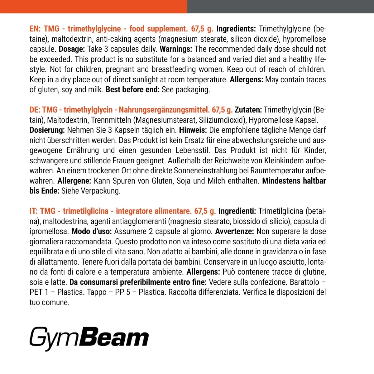 GymBeam TMG Betaina capsule 90 cps mentale sport