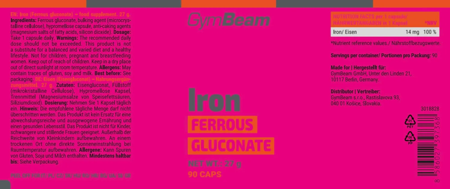 GymBeam Gluconato Ferroso Ferro 90 Capsule Energia