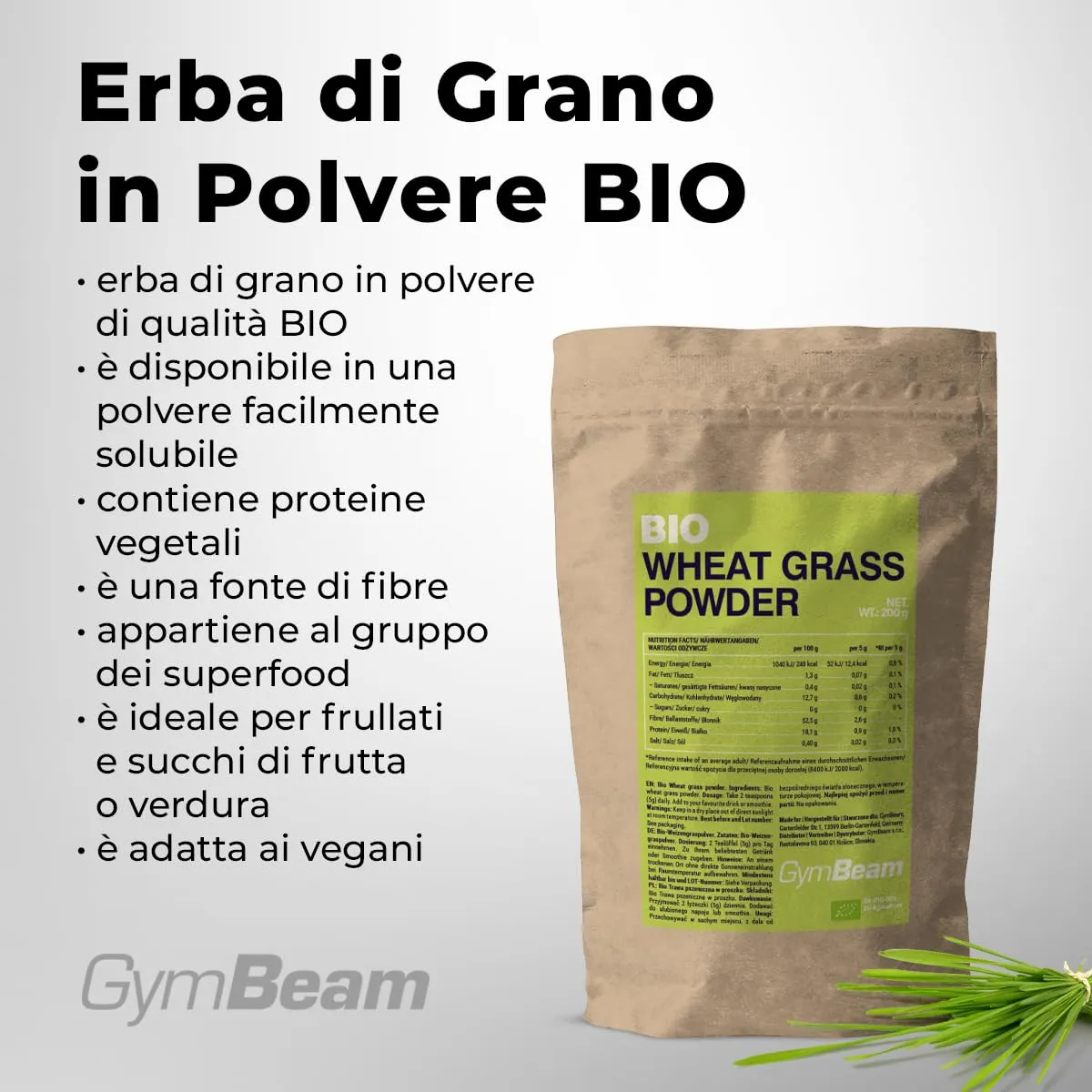 GymBeam Erba di Grano BIO polvere 200g superfood vegano