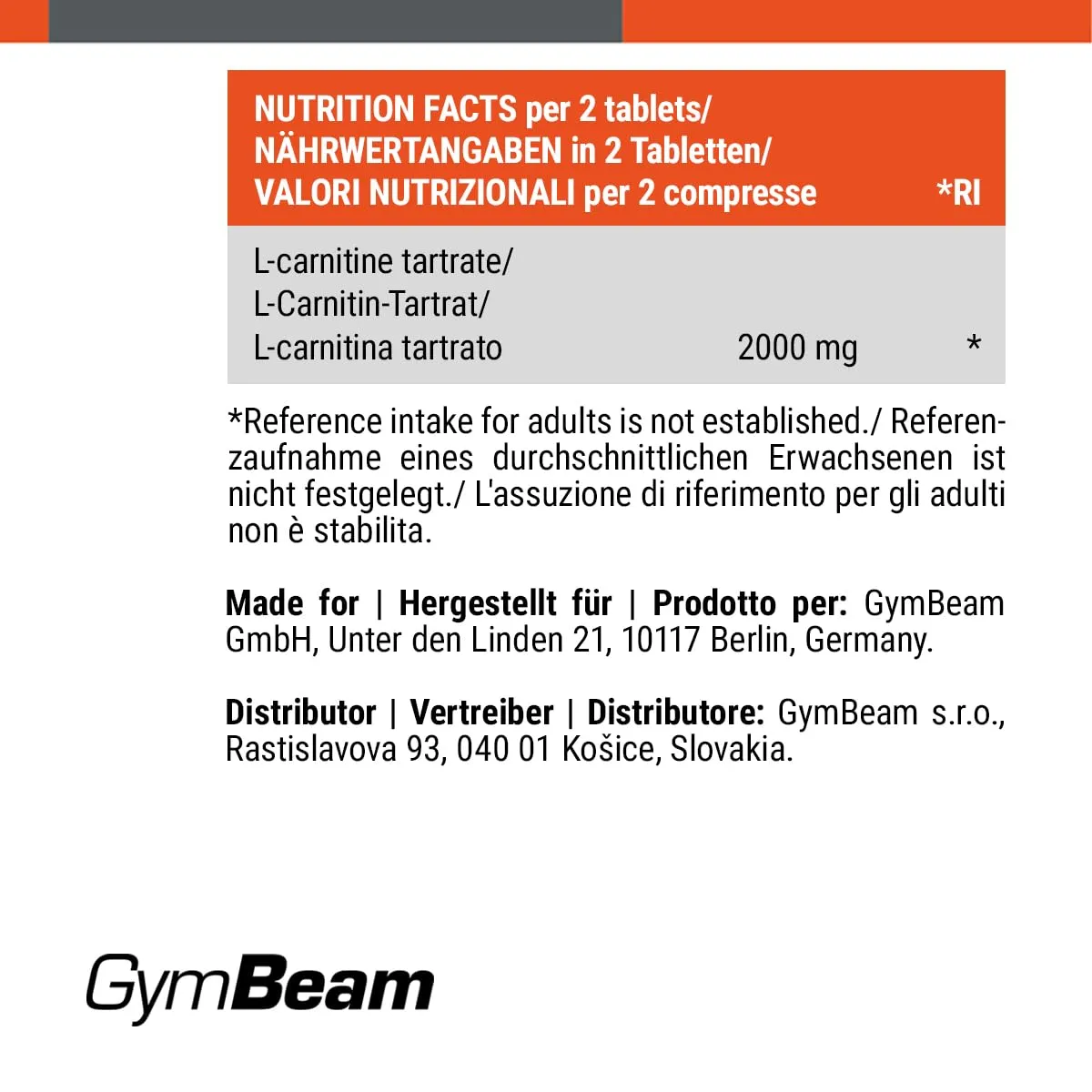 GymBeam L-Carnitina TABS carnitina 180 compresse 2000 mg vegano