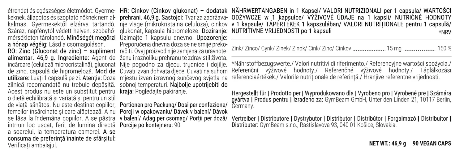 GymBeam Zinco Gluconato Integratore Vegano Senza Glutine