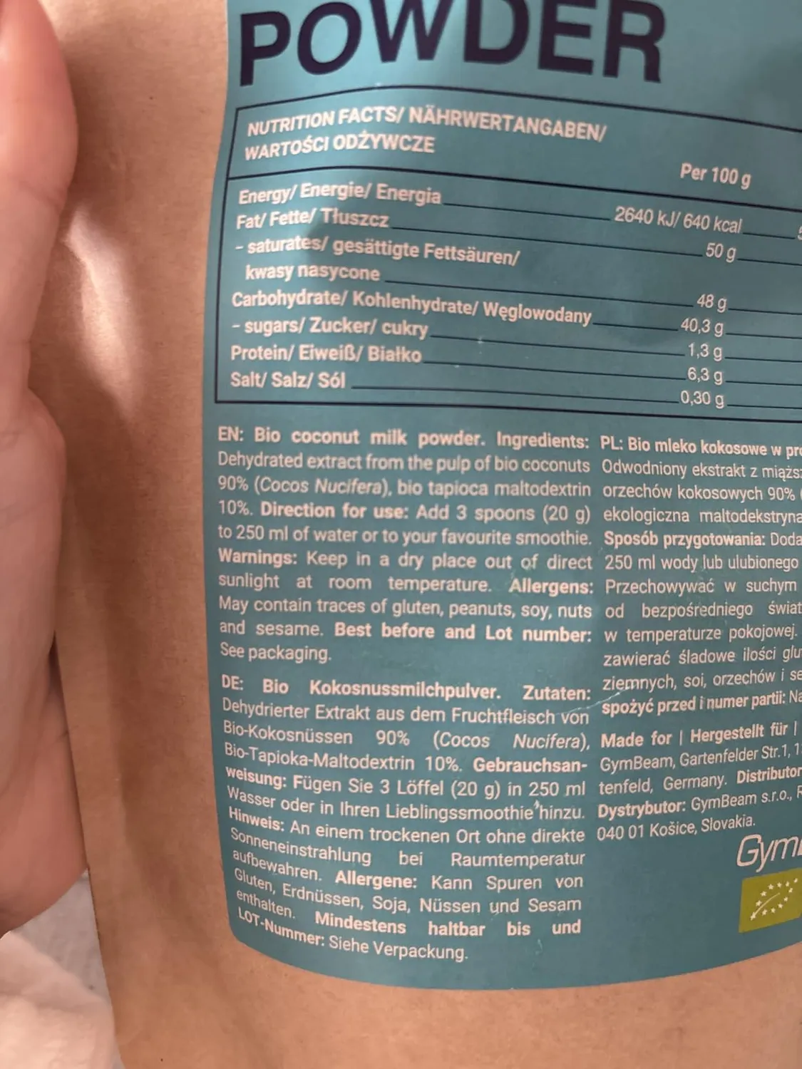 GymBeam Latte di Cocco BIO in polvere 250g senza zuccheri