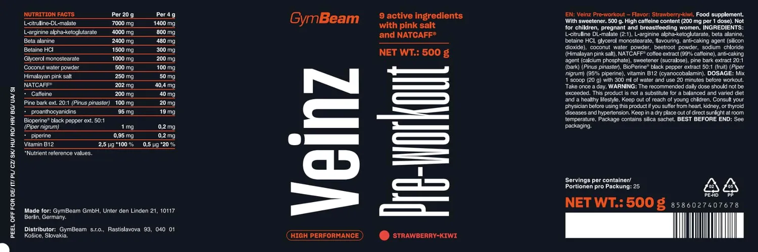 GymBeam Veinz Pre-Workout 500 g Fragola-Kiwi Pump