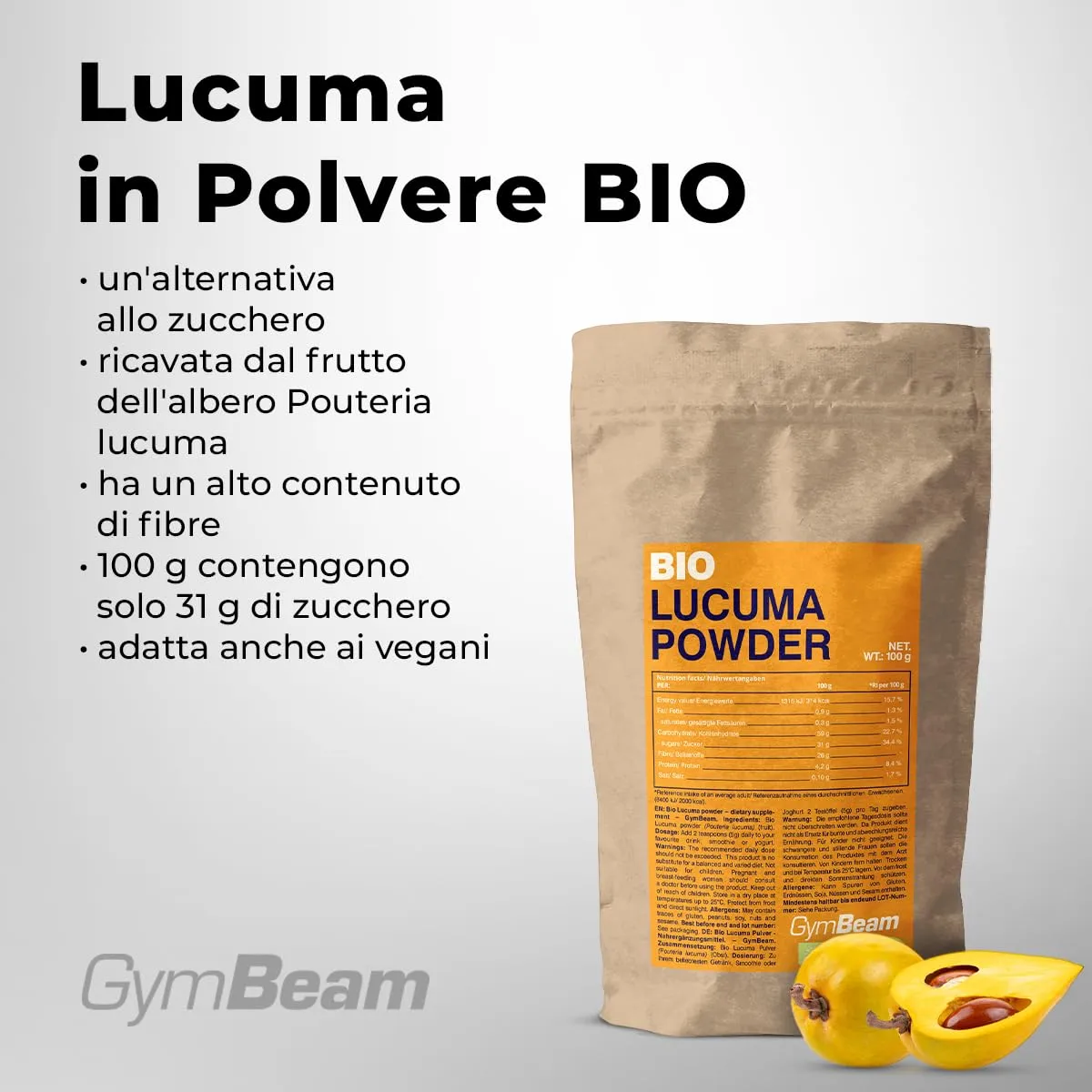 GymBeam Lucuma in Polvere BIO Dolcificante 100g Fibre