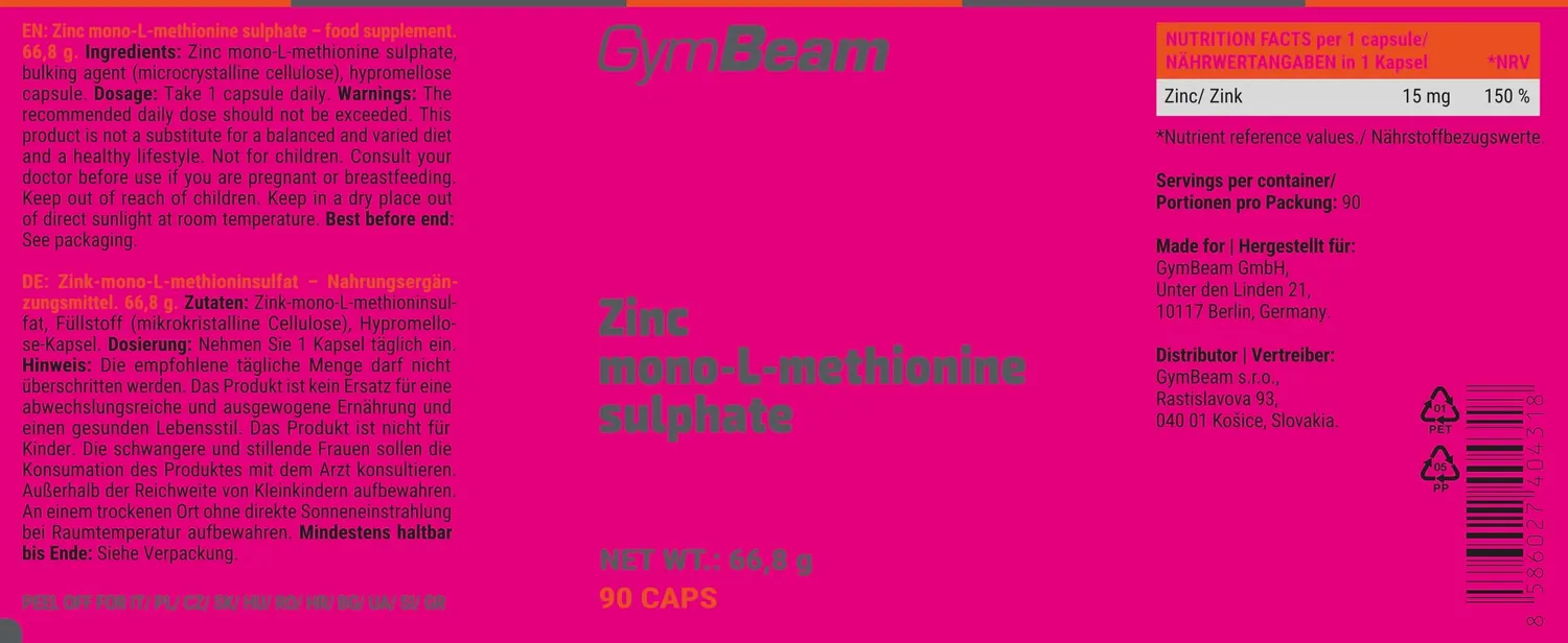 GymBeam Zinco Mono-L-Metionina Integratore Chelato