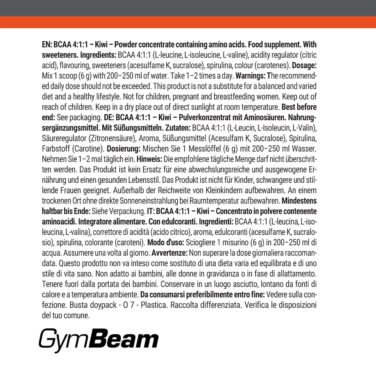 GymBeam BCAA 4:1:1 in polvere kiwi 250 g vegano