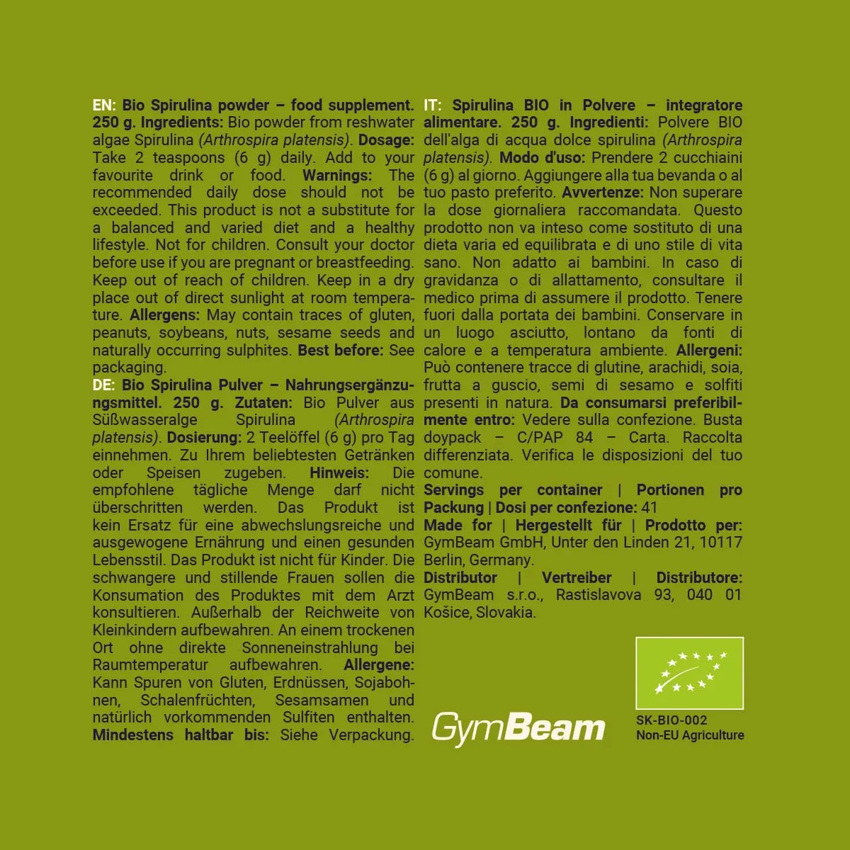 GymBeam Spirulina BIO Polvere 250g Proteica Vegana